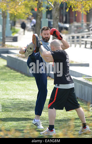 Hugh Jackman travaillant dans le parc pour son prochain film de Peter Pan avec : Hugh Jackmsn Où : Manhattan, New York, United States Quand : 07 mai 2014 Banque D'Images