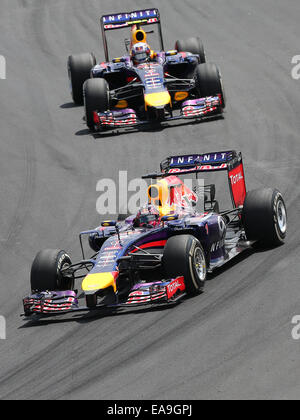 Sao Paulo, Brésil. Nov 9, 2014. Le pilote Red Bull Racing Sebastian Vettel (avant) au cours de la Formule Un Grand Prix du Brésil à Sao Paulo, Brésil, le 9 novembre 2014. Credit : Xu Zijian/Xinhua/Alamy Live News Banque D'Images