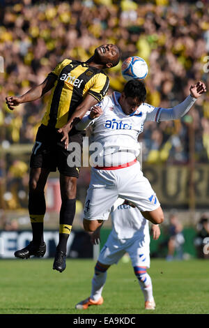 Montevideo, Uruguay. Nov 9, 2014. Gonzalo Porras (R) de Nacional convoite la la balle avec Marcelo Zalayeta de Penarol lors d'un match dans le stade du Centenaire à Montevideo, capitale de l'Uruguay, le 9 novembre 2014. Crédit : Nicolas Celaya/Xinhua/Alamy Live News Banque D'Images