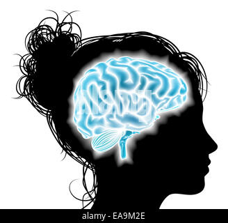 Une tête de femme en silhouette avec un brillant cerveau. Concept pour le développement psychologique, mentale, développement du cerveau, stimulation mentale Banque D'Images