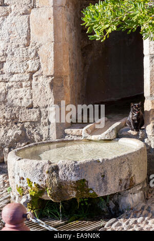 La fontaine de l'église troglodytique de Peyre et black cat (Aveyron - France). La fontaine de Peyre et chat noir (France). Banque D'Images