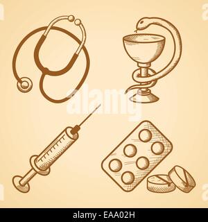 Icons set d'articles médicaux de phonendoscope comprimés et la seringue d'illustration vectorielle isolés Illustration de Vecteur