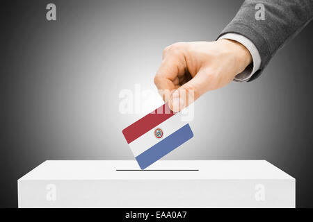 Concept de vote - Hommes de l'insertion d'un drapeau en urne - Paraguay Banque D'Images