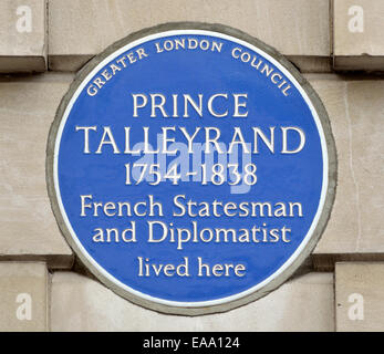 Londres, Angleterre, Royaume-Uni. Plaque commémorative : prince de Talleyrand, Charles Maurice de Talleyrand-Périgord (1754-1838) Banque D'Images