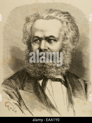 Karl Marx (1818-1883). Philosophe, économiste politique allemand et communiste. Portrait. Gravure de Capuz. Banque D'Images