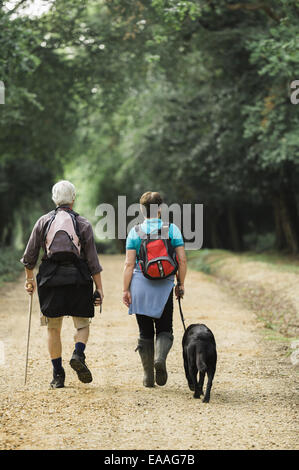 A mature couple hiking avec leur chien. Banque D'Images