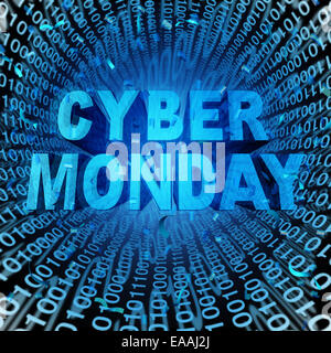 Vente Cyber Monday, symbole et concept de vente en ligne comme une célébration de l'internet pour des remises sur les produits des sites web. Banque D'Images