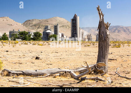 Une cimenterie à Tehachapi Pass, Californie USA, avec la sécheresse a tué les arbres en premier plan. La production de ciment est l'un des m Banque D'Images