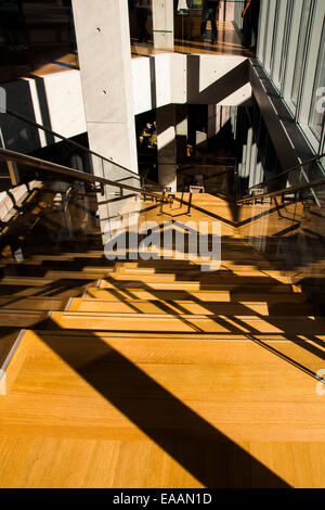 Exemple de l'architecture moderne dans un bâtiment public murs de verre béton métal escalier parquet en chêne et de la lumière du soleil et d'ombre Banque D'Images