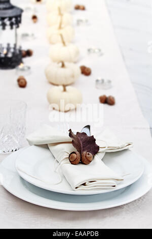Beau set de table blanc avec les citrouilles et les éléments naturels prêt pour un repas d'automne. Banque D'Images