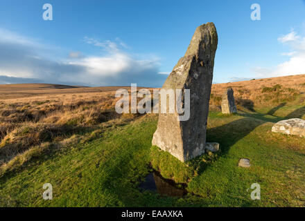 Le cercle de pierre Scorhill sur le parc national du Dartmoor dans le Devon près de Gidleigh Banque D'Images