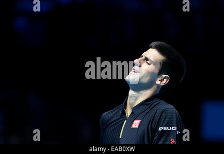 Londres, Royaume-Uni. 10 Nov, 2014. Novak Djokovic la Serbie au cours de la réaction de l'ATP World Tour Finals Group un match contre Marin Cilic de Croatie à Londres, Angleterre le 10 novembre 2014. Djokovic a gagné 2-0. Credit : Han Yan/Xinhua/Alamy Live News Banque D'Images