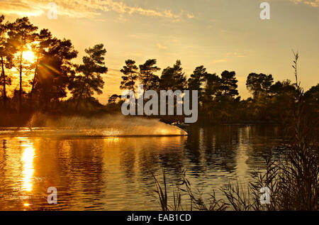 Le ski nautique autour de coucher du soleil à Kaiafas lake, municipalité de Rovetta, l'ILEIA, Péloponnèse, Grèce Banque D'Images