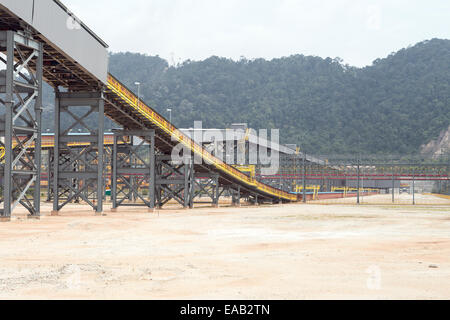 Un réseau de convoyeurs et des tuyaux pour le transport de minerai de fer Vale SA, Teluk Rubiah Terminal Maritime à Lumut, l'État de Perak, Malaisie Banque D'Images