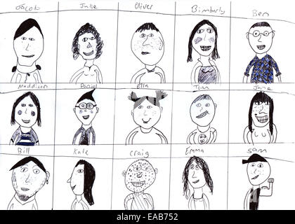 Dessin d'enfant (10 ans) de différents visages et personnages Banque D'Images