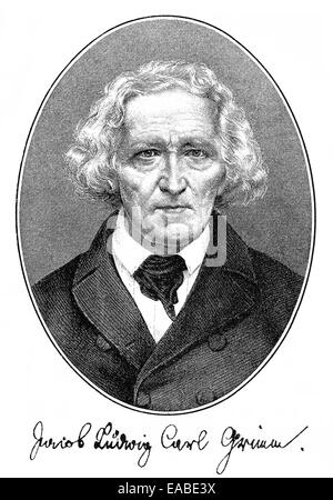 Portrait avec autographe, Jacob Ludwig Karl Grimm, 1785-1863, l'allemand et de littérature universitaire et avocat, collectionneur de fai Banque D'Images