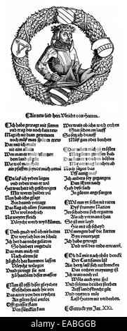 1521, un portrait et une chanson de Ulrich von Hutten, 1488 - 1523, l'humaniste, Holzschnitt von 1521, Portrait und Lied von Ulrich von Banque D'Images