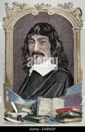 René Descartes (1596-1650). Le philosophe français. Gravure par Rousseau. De couleur. Banque D'Images