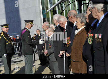 Bruxelles, Belgique. 11Th Nov, 2014. Le roi Philippe de Belgique (L) parle avec soldats vétérans à la cérémonie du Jour du Souvenir, la commémoration de la Première Guerre mondiale, sur la Tombe du Soldat inconnu à Bruxelles, Belgique, le 11 novembre, 2014. Également commémoré ont été victimes de la Seconde Guerre mondiale et des guerres et des conflits après 1945. Credit : Ye Pingfan/Xinhua/Alamy Live News Banque D'Images