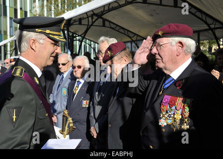 Bruxelles, Belgique. 11Th Nov, 2014. Le roi Philippe de Belgique (L) parle avec soldats vétérans à la cérémonie du Jour du Souvenir, la commémoration de la Première Guerre mondiale, sur la Tombe du Soldat inconnu à Bruxelles, Belgique, le 11 novembre, 2014. Également commémoré ont été victimes de la Seconde Guerre mondiale et des guerres et des conflits après 1945. Credit : Ye Pingfan/Xinhua/Alamy Live News Banque D'Images