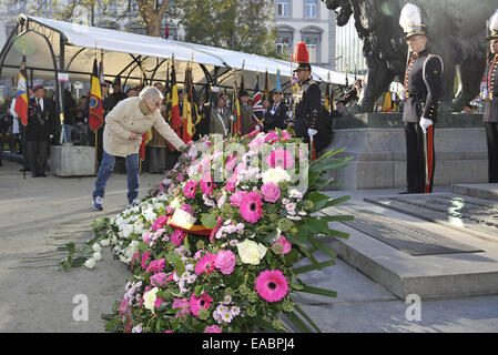 Bruxelles, Belgique. 11Th Nov, 2014. Une vieille dame assiste à la cérémonie du Jour du Souvenir, la commémoration de la Première Guerre mondiale, sur la Tombe du Soldat inconnu à Bruxelles, Belgique, le 11 novembre, 2014. Également commémoré ont été victimes de la Seconde Guerre mondiale et des guerres et des conflits après 1945. Credit : Ye Pingfan/Xinhua/Alamy Live News Banque D'Images