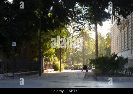 Street view à Malaga, l'homme assis sur un banc du parc de l'ombre livre de lecture. Derrière la mairie de la ville de Malaga, Andalousie. L'Espagne. Banque D'Images