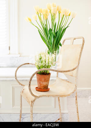 Salle de bains chaise avec fleurs de printemps Banque D'Images