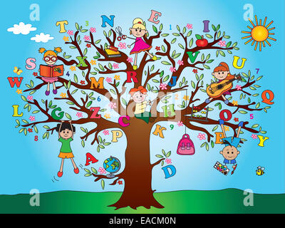 Illustration de l'arbre avec les enfants de l'école Banque D'Images