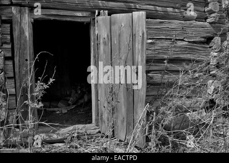 Photo noir et blanc d'une vieille porte en bois patiné et ouvert Banque D'Images