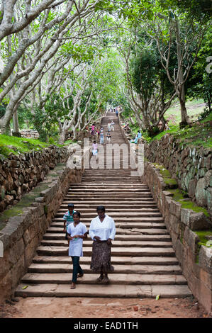 Le bouddhisme, les pèlerins en ordre décroissant un vieil escalier de pierre longue, complexe monastère bouddhiste de Mihintale, Anuradhapura, Sri Lanka Banque D'Images