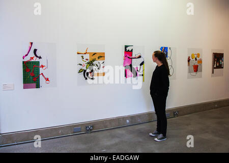 Liverpool, Merseyside, UK 12 Novembre, 2014. Danseuse norvégienne Mathilde Caeyers, 20 ans à l'invalidité Bluecoat Art Galerie d'exposition. "L'Art de l'expérience vécue' avec des artistes et le travail de tout le monde. Mohony Kate's collage oeuvres d'objets médias mixtes et autocollants en vinyle. Credit : Mar Photographics/Alamy Live News Banque D'Images