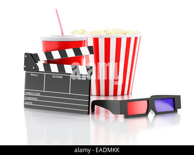 Droit du cinéma clapper board, pop-corn, boissons et de lunettes 3D cinéma. concept. Image 3D Banque D'Images