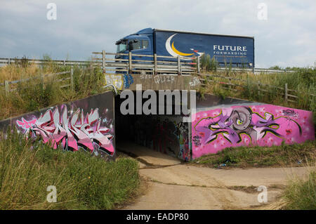 Street art sur les murs d'un passage inférieur sous l'A1 à l'Eaton Socon, Cambridgeshire UK. Banque D'Images