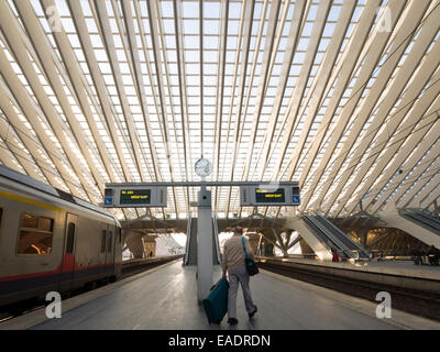 Valise avec passagers sur la plate-forme de la gare de Liège-Guillemins par l'architecte Santiago Calatrava, Liège, Belgique Banque D'Images