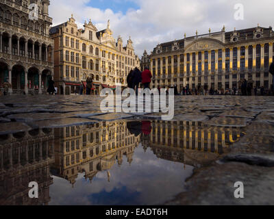 Bâtiments ornés de la Grand Place à Bruxelles compte sur une flaque d'eau, Belgique, Europe Banque D'Images