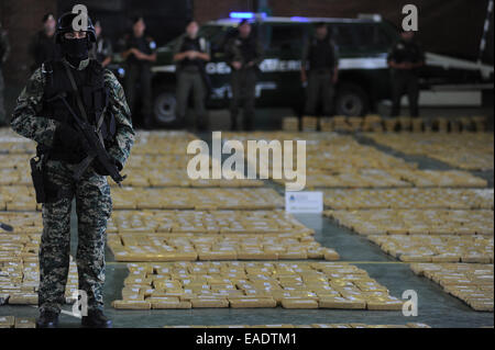 Buenos Aires, Argentine. 12Th Nov, 2014. La sécurité d'une personne monte la garde par paquets de marijuana à Buenos Aires, capitale de l'Argentine, le 12 novembre 2014. Les membres de la Gendarmerie Nationale ont saisi le samedi 8,5 tonnes de marijuana au cours d'une opération dans le département de Paso de los Libres. © Daniel Dabove/TELAM/Xinhua/Alamy Live News Banque D'Images