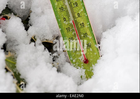 Thermomètre dans champ neigeux marque des températures au-dessous de zéro Banque D'Images