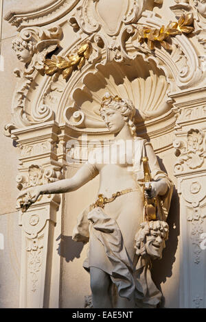 Figure féminine avec un masque de théâtre, décoration sculpturale Néo-baroque, Nouvelle Colonnade, Nová kolonáda, Mariánské Lázně Banque D'Images