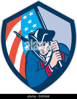 Illustration d'un patriote américain brandissant un fusil avec holding drapeau américain situé à l'intérieur du bouclier de la crête fait en style rétro. Banque D'Images