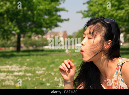 Femme orientale coréenne sur Clapham Common London soufflant sur les graines de pissenlit faire un souhait Banque D'Images