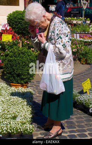 Vieille Femme à la recherche de plantes. Carlisle Easter marché continental. Le centre-ville de Carlisle, Carlisle, Cumbria, England, UK. Banque D'Images