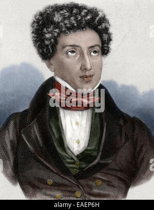 Alexandre Dumas (1802-1870). L'écrivain français. Le romantisme et la fiction historique mouvement littéraire. La gravure. De couleur. Banque D'Images