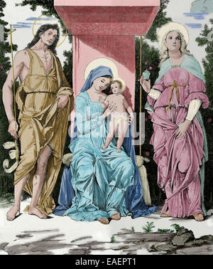 La Vierge et l'enfant avec la Madeleine et Saint Jean le Baptiste. Gravure par Orrinsmith. De couleur. Banque D'Images