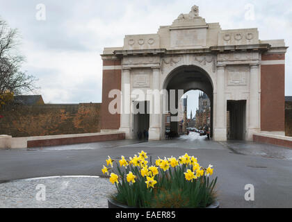 Les jonquilles en face de Porte de Menin à Ypres. Banque D'Images