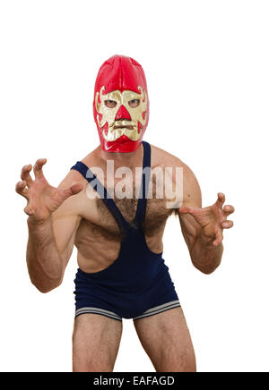 Homme d'âge moyen avec un masque de catch sur fond blanc Banque D'Images