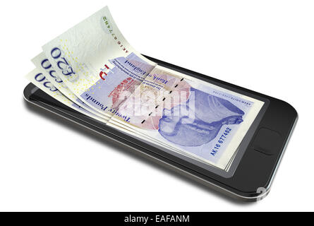 Un concept de droit d'un smart phone avec écran digital sur l'évolution de l'argent dans du vrai British pound billets signifiant cell Banque D'Images