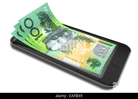 Un concept de droit d'un smart phone avec écran digital sur l'évolution de l'argent en dollar australien signifiant billets Banque D'Images