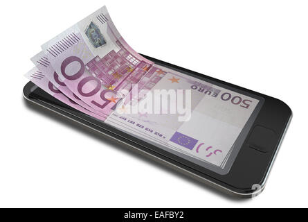 Un concept de droit d'un smart phone avec écran digital sur l'évolution de l'argent en véritables billets signifiant cell phone pa Banque D'Images