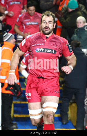 Leicester, Royaume-Uni. 16 janvier, 2015. European Rugby Champions Cup. Leicester Tigers et écarlate. George Earle (Scarlets) s'épuise au début du jeu. Credit : Action Plus Sport/Alamy Live News Banque D'Images