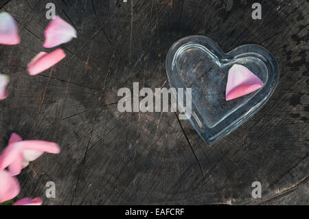 Feuilles de rose en forme de coeur sur bois Banque D'Images